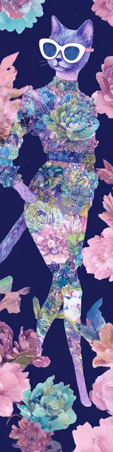 Cat bookmarks illustration of a fancy cat on a dark blue floral background